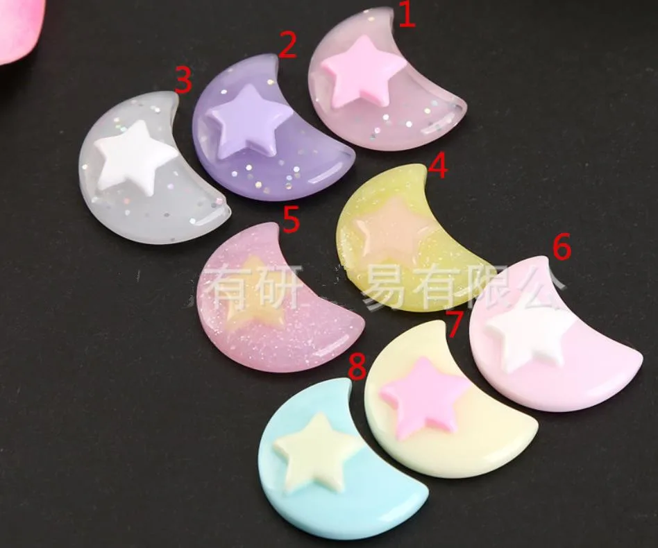 wholesale kawaii glitter moon bow stars cabochons flat back resin for girls bowknot diy phone craft accessories free global shipping