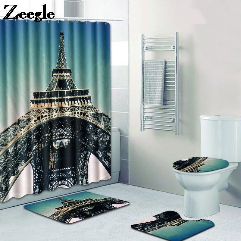 

Printed Microfiber Bath Mat and Waterproof Shower Curtain Set Bathroom Carpet Rug Anti Slip Toilet Seat Cover Mat Bath Floor Rug