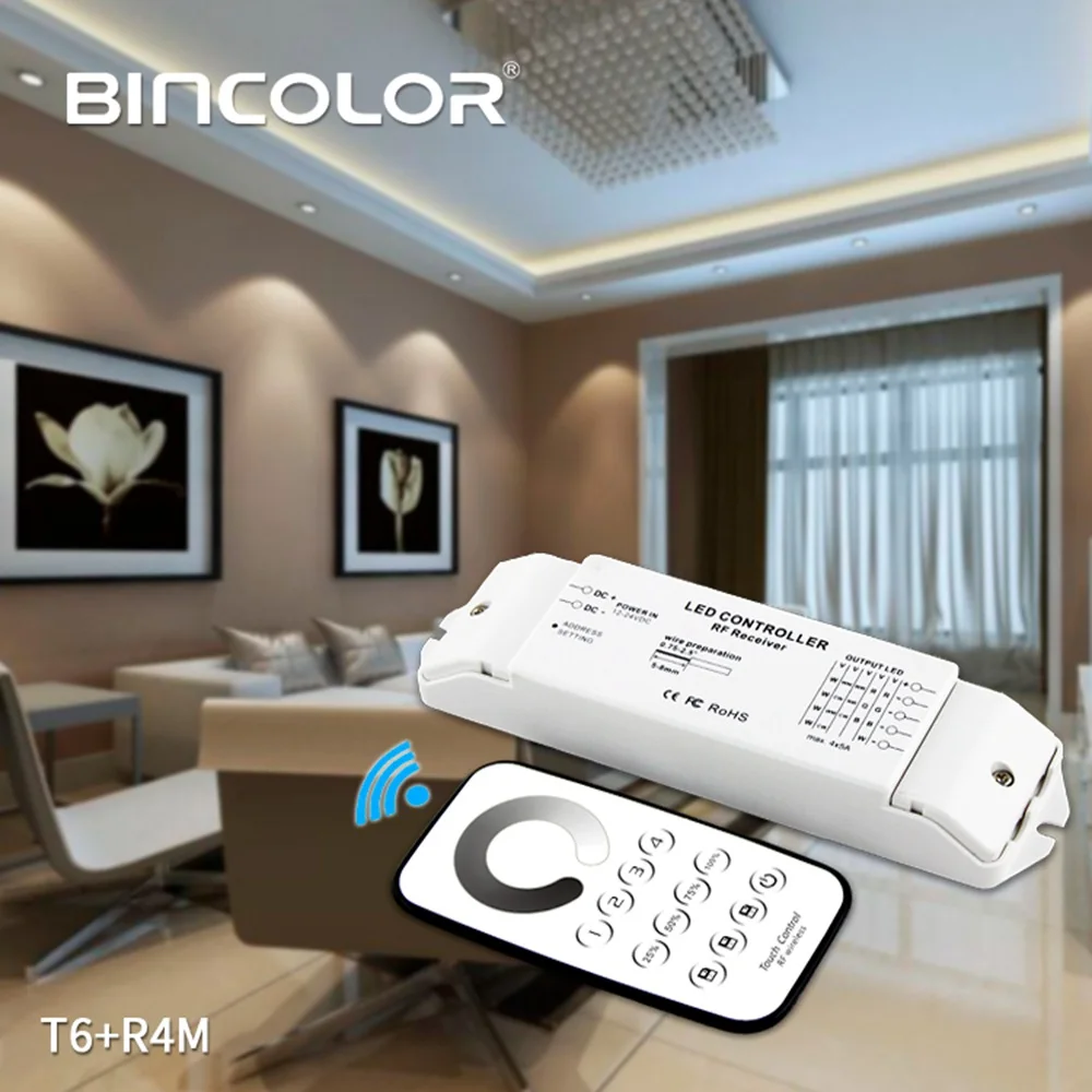 

Bincolor T6+R4M Multi Zone Single Color Led Controller Dimmer Max 5A*4CH With Touch RF Remote ,