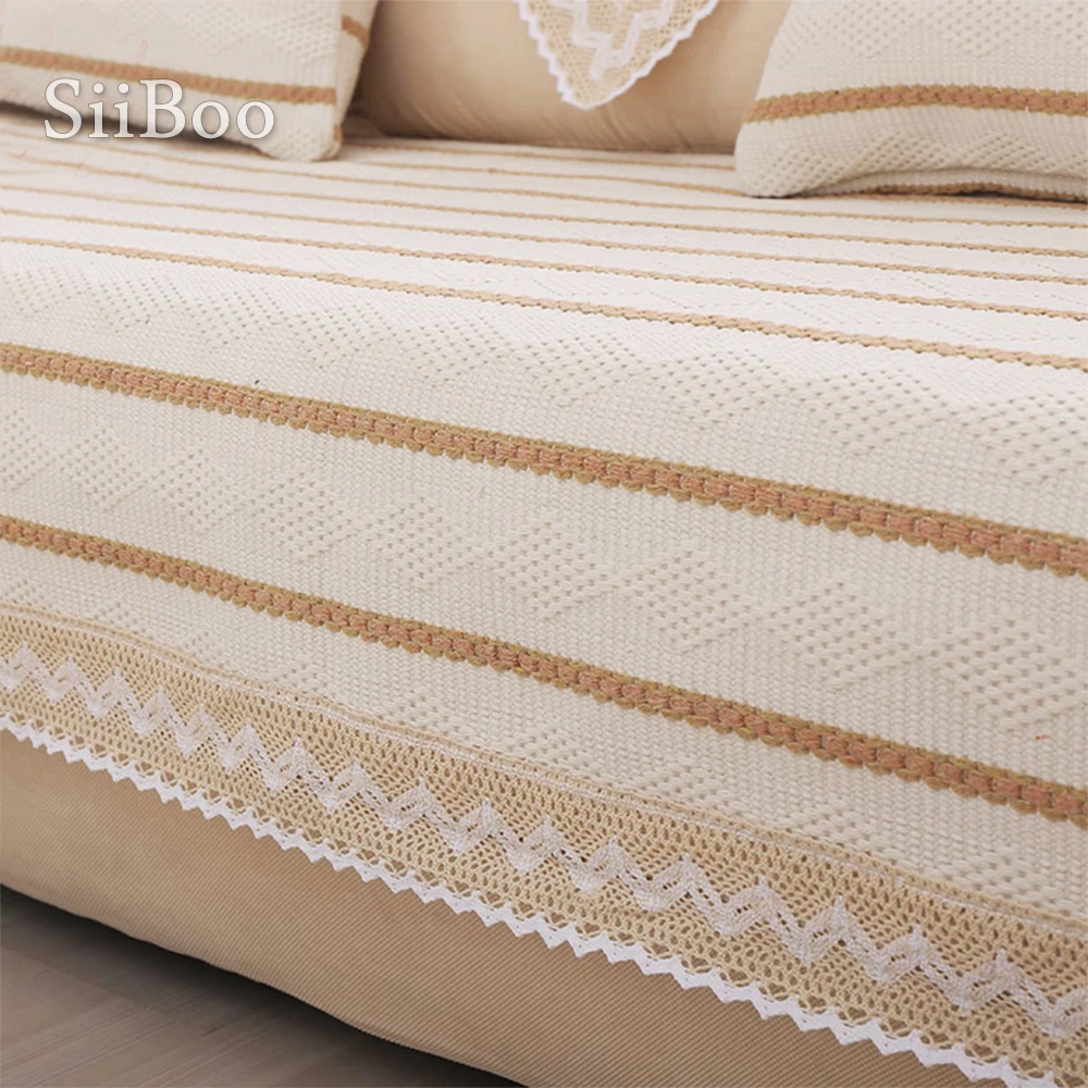Современный чехол для дивана в белую коричневую полоску из хлопка и льна