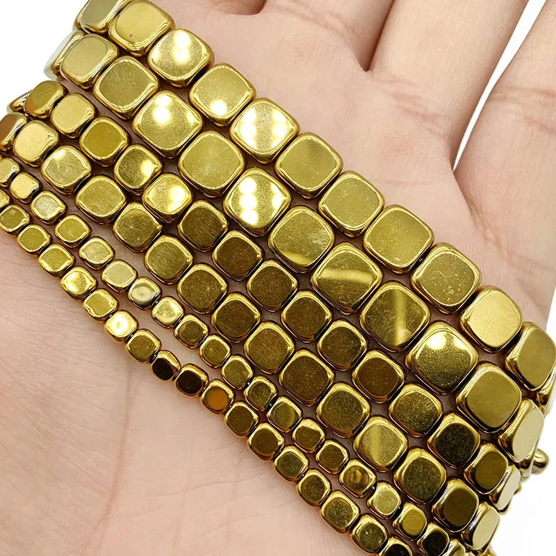 

Natural Hematite Stone Gold Flat Square Shape 4/6/8MM Loose Spacers Beads For Handmade Trendy Bracelet Necklace Making Wholesale