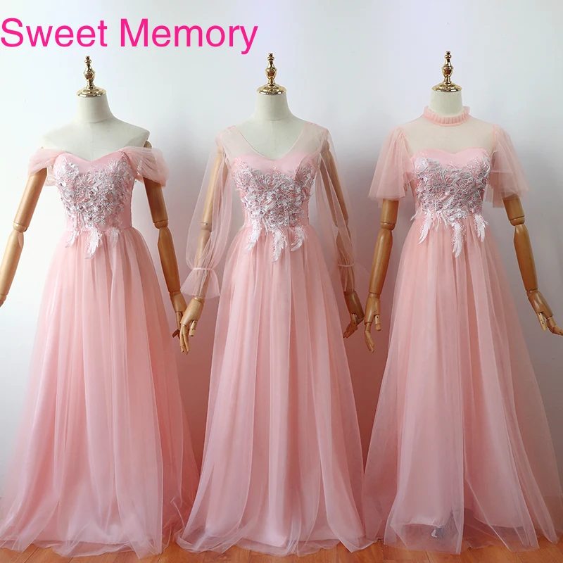 

H0049 Women Dress 2021 Pink Bridesmaid Dresses Long Illusion Lace Tulle Wedding Party Gown Girls Graduation Vestido De Festa