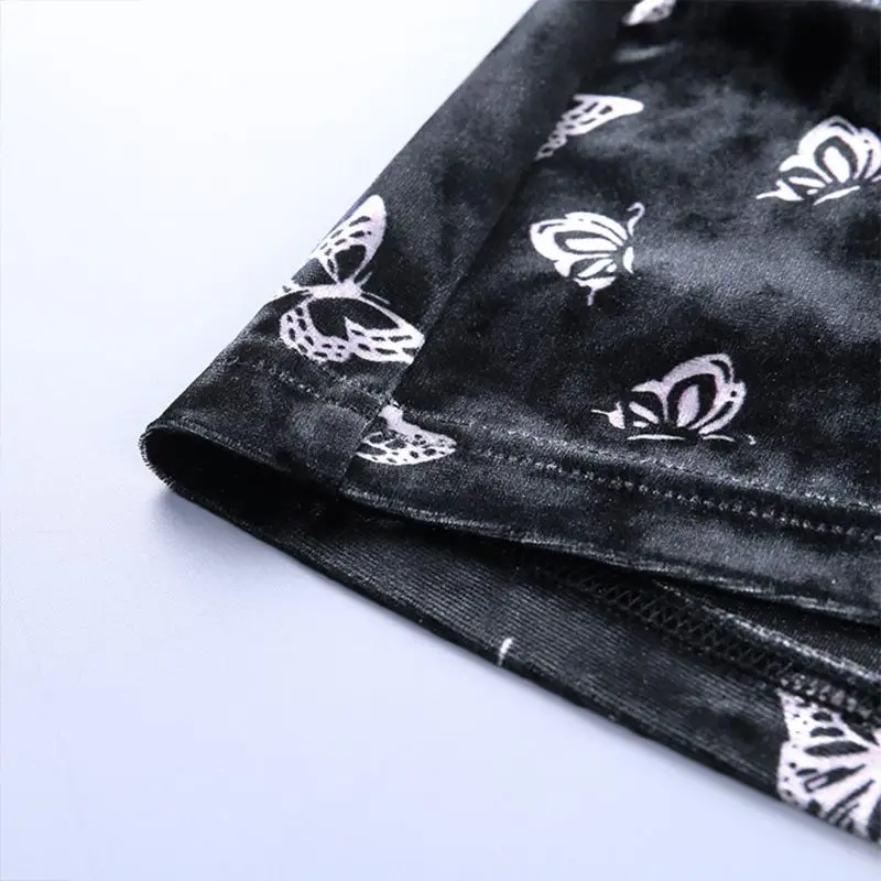 

Women Vintage Velvet Mini Pencil Skirt Butterfly Print Split High Waist Clubwear