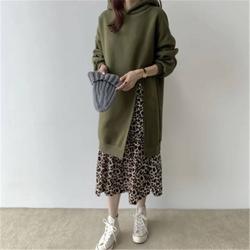 

Vintage Patchwork Women's Dress Hooded Fake Two Pieces Leopard Dresses Female Loose Stright Slim Was Thin Vestidos Fashion Tide