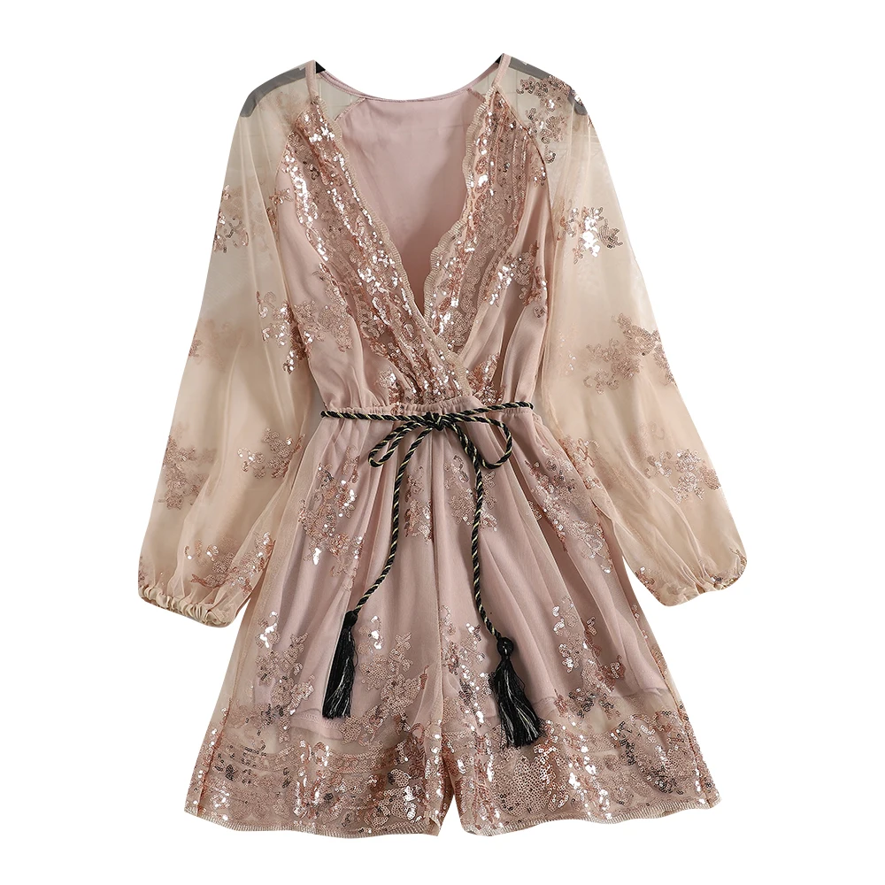 

Spring Tie Bow V-Neck Sequined Playsuits Women Bodycon Floral Embroidery Jumpsuits Female Long Sleeve Mesh Rompers Bodysuit