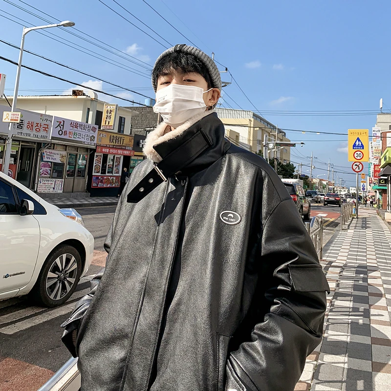 

Motorcycle Leather Coat Men's Winter Pu Fur Integrated Fleece-Lined Thickened Lamb Wool Parka American Cotton-Padded Coat