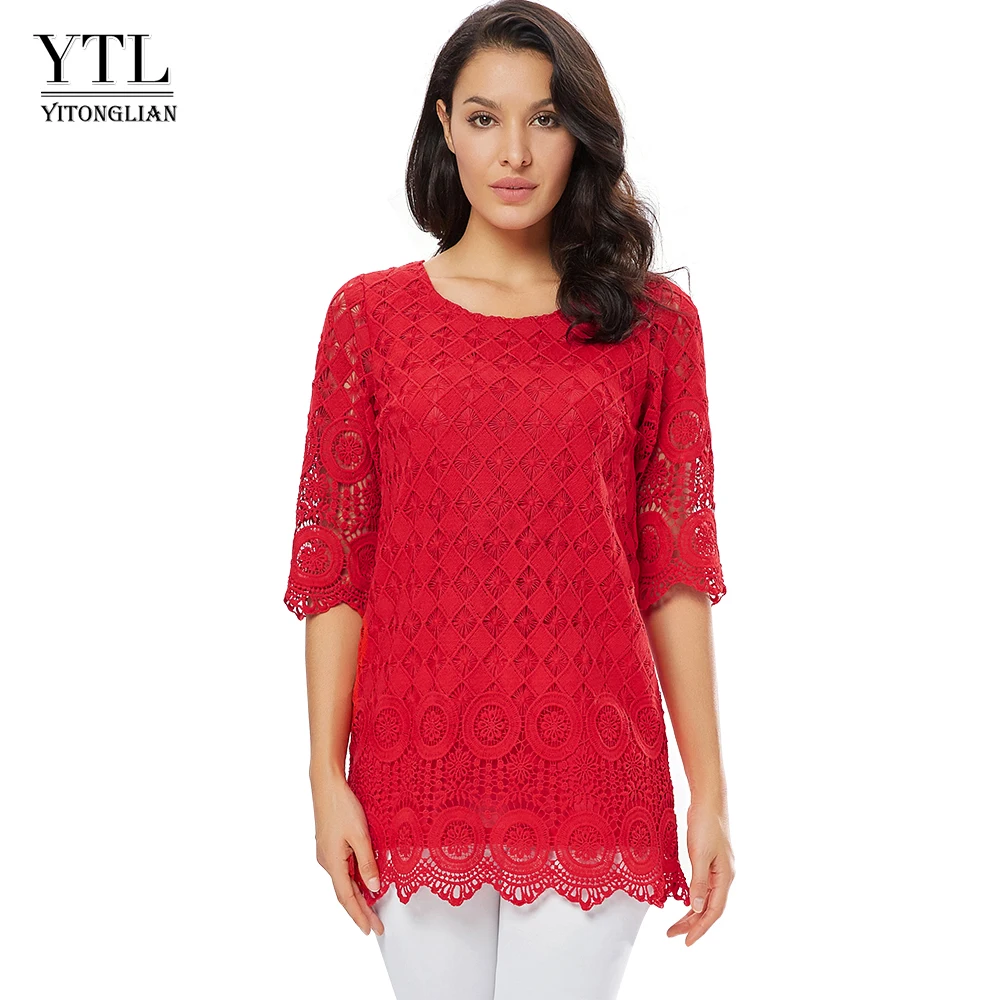Red-short sleeve YTL женская одежда больших размеров винтажный Тонкий цветочный вязаный кружевной топ однотонная Повседневная футболка Женская футболка футболки 5XL 6XL 7XL H139 - Цвет: Red-short sleeve