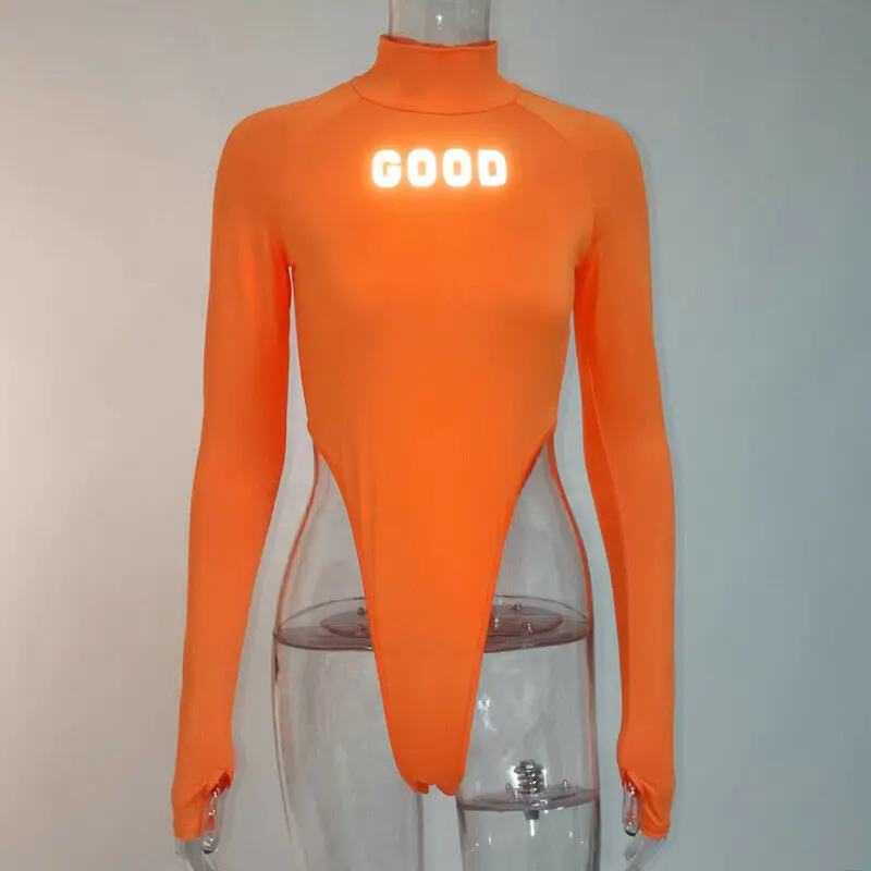 

Women Long Sleeve High Neck Bodysuit Novelty Reflective Luminous Letters Rompers Solid Color Stretchy Bodycon Leotard Streetwear