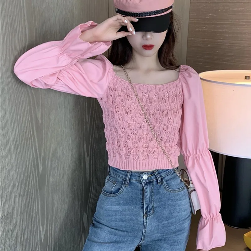 

Fashion Stitching Long Sleeve Knitted Tops Women Autumn Slash Neck Shirts Short Pullover YT