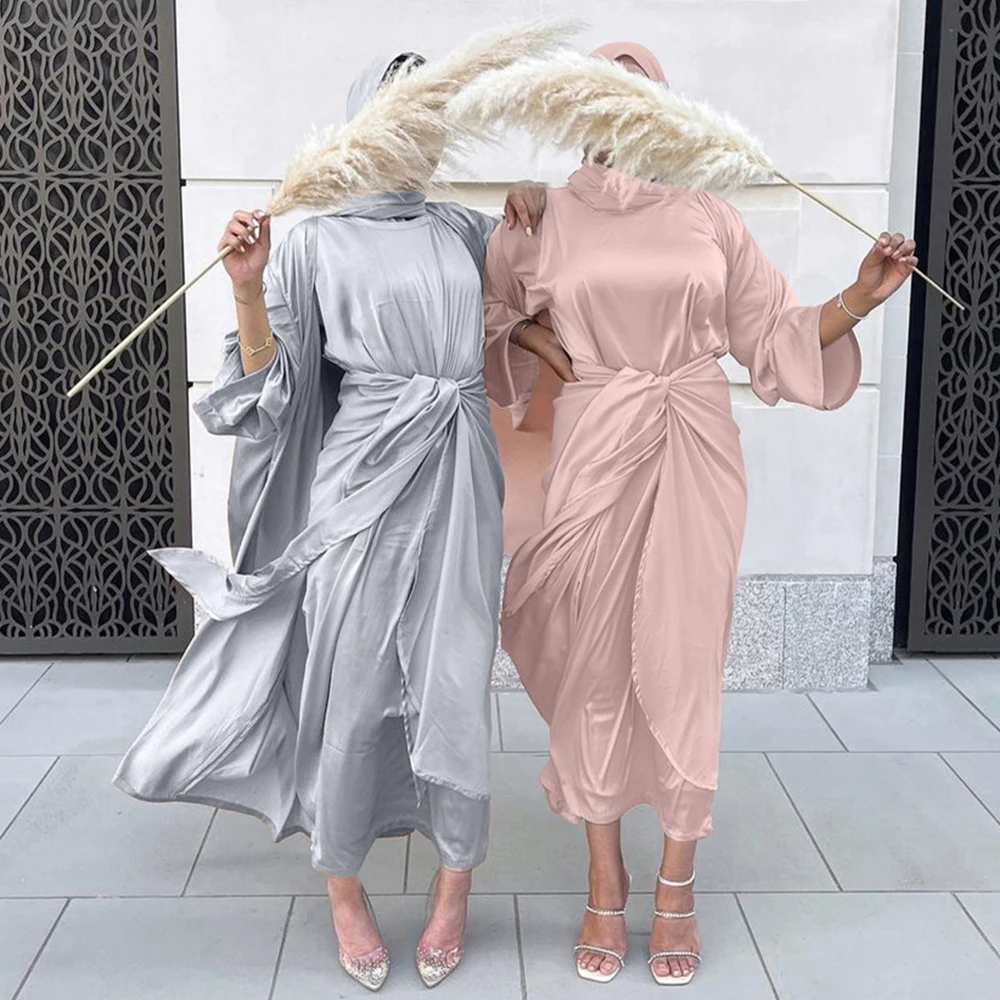 

3 Pieces Muslim Outfits Abaya Sets Solid Satin Long Dress +Skirt +Kimono Robe Morocco Kaftan Turkey Arabic Islamic Women Clothes