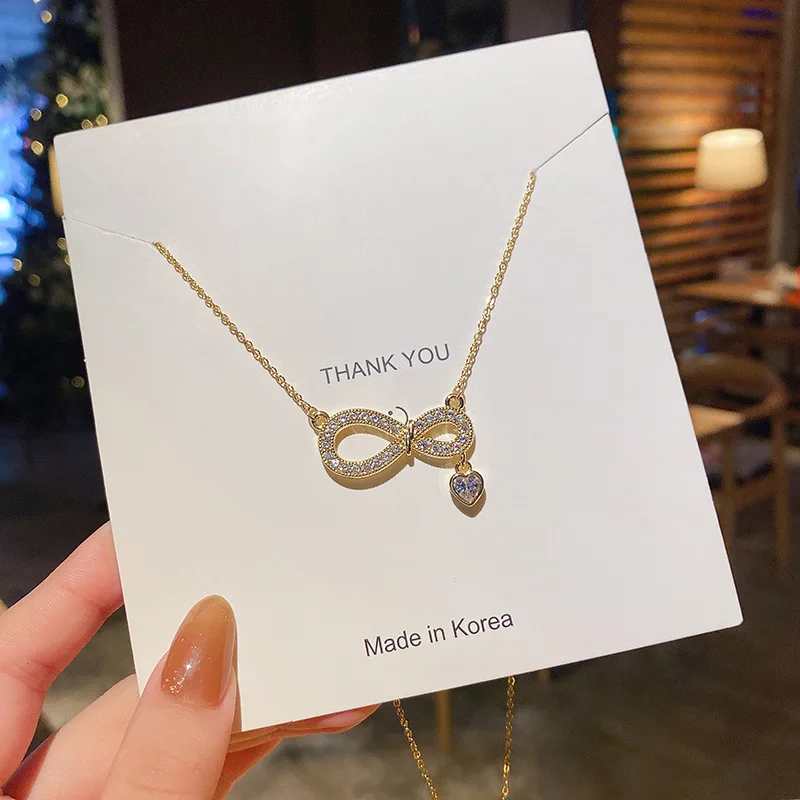 

SNCSDK Super fairy high quality bowknot rhinestone titanium steel Women's necklace female temperament clavicle chain accessories