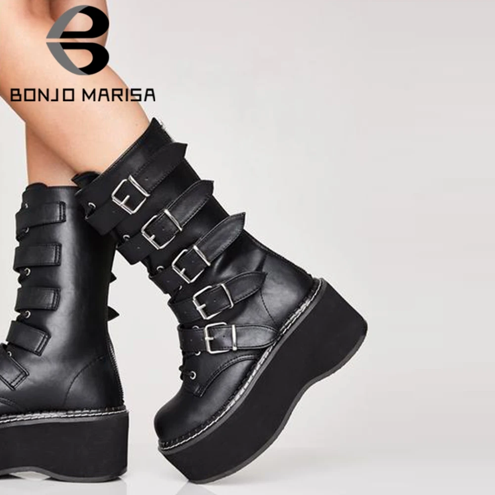 

BONJOMARISA 2021 Ladies Brand Platform Wedges Buckle Zipper Punk Mid Calf Boots Cool Street Chunky Lace Up Gothic Black Boots