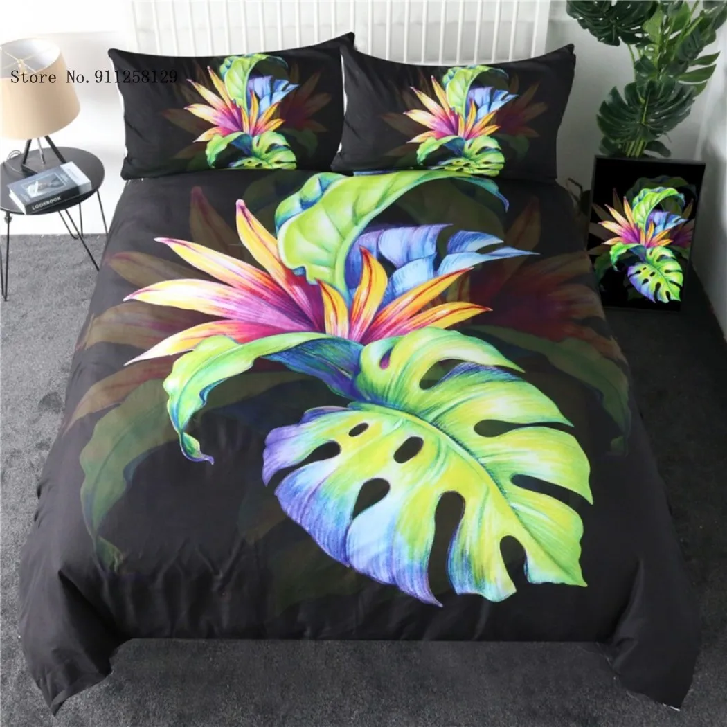 

2/3 Pieces Colorful Banana Leaves Bedding Set 3D Print Black Watercolor Duvet Cover Comfortable Soft Bed Quilt Cover Decoration
