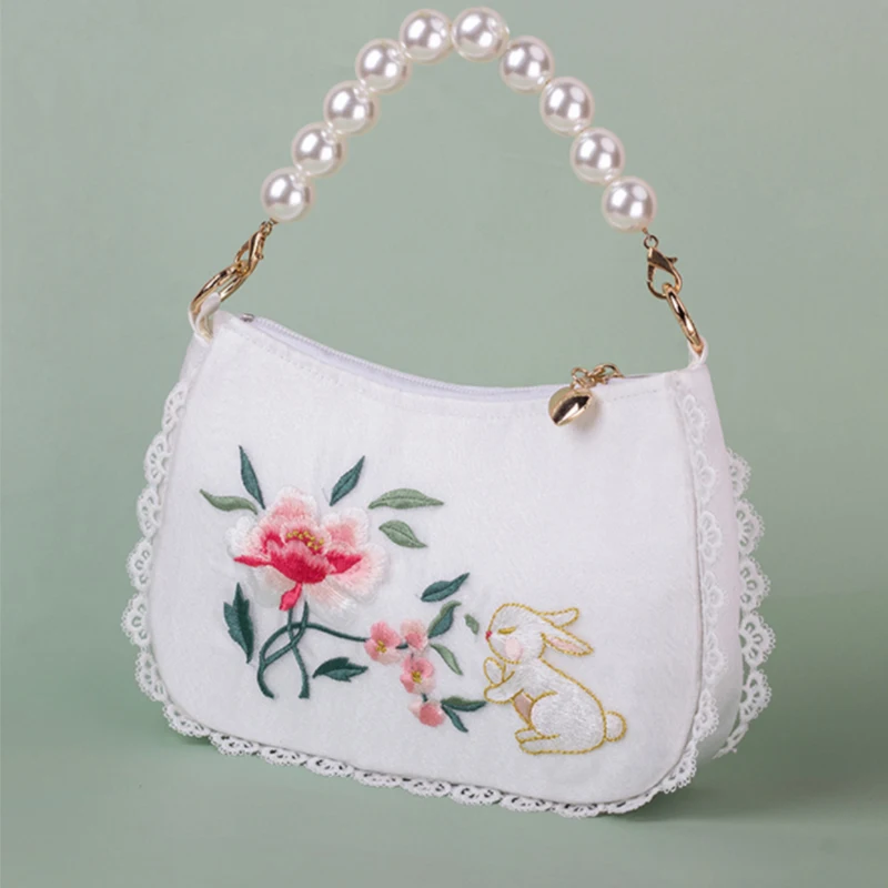 

Women Embroidery Floral Handbag Cotton Rabbit Totes Underarm Vintage Top Handle Pearl Female Small Bags Shoulder Bags