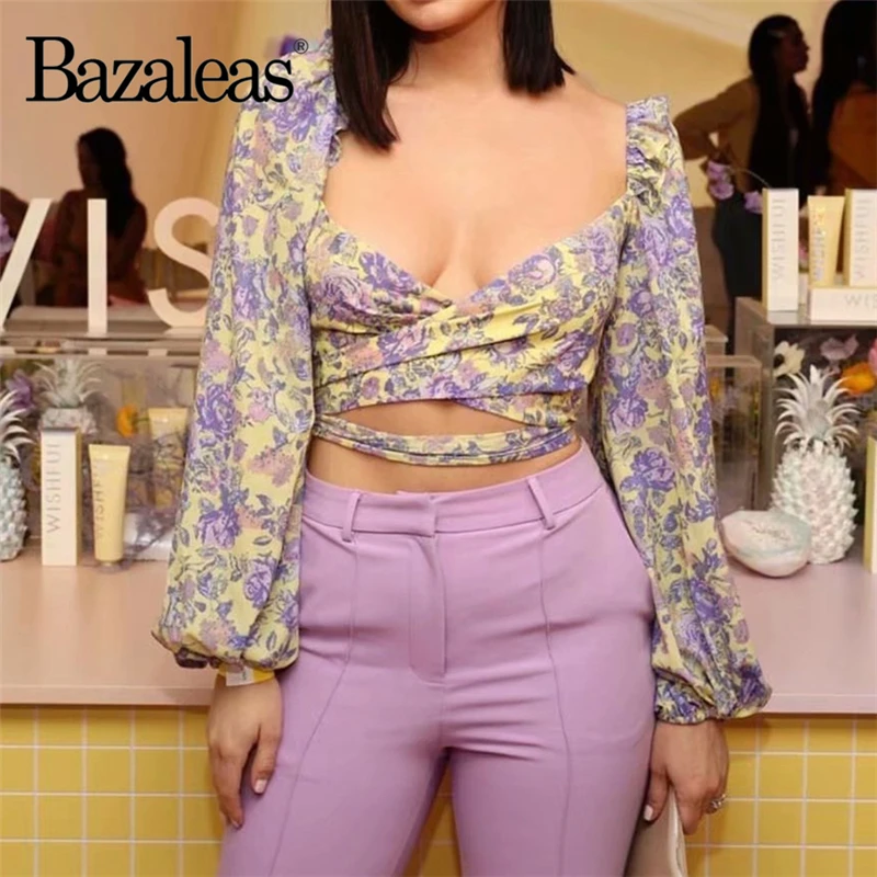 Женская блузка с длинным рукавом Bazaleas желтая фиолетовая цветочным принтом