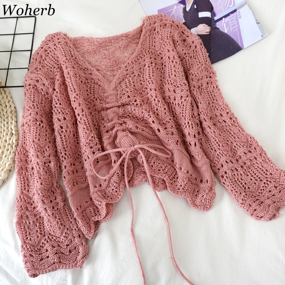 Свитер женский Woherb тонкий свободный короткий с V-образным вырезом вязаный