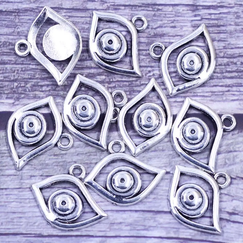

20Pcs Pendants Evil Eye Hollow Metal Silver Tone For Charm Bracelets Jewelry DIY Findings 22x18mm