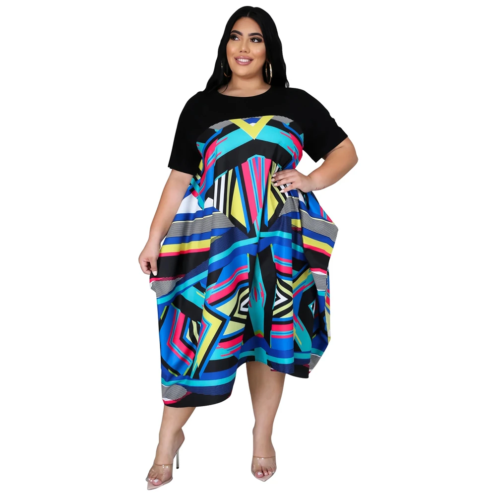 

Plus Size 5XL Short Sleeve A-line Patchwork Dress Elegant O-neck Spring 2021 Summer Geometric Dresses vestidos mujer verano 2021