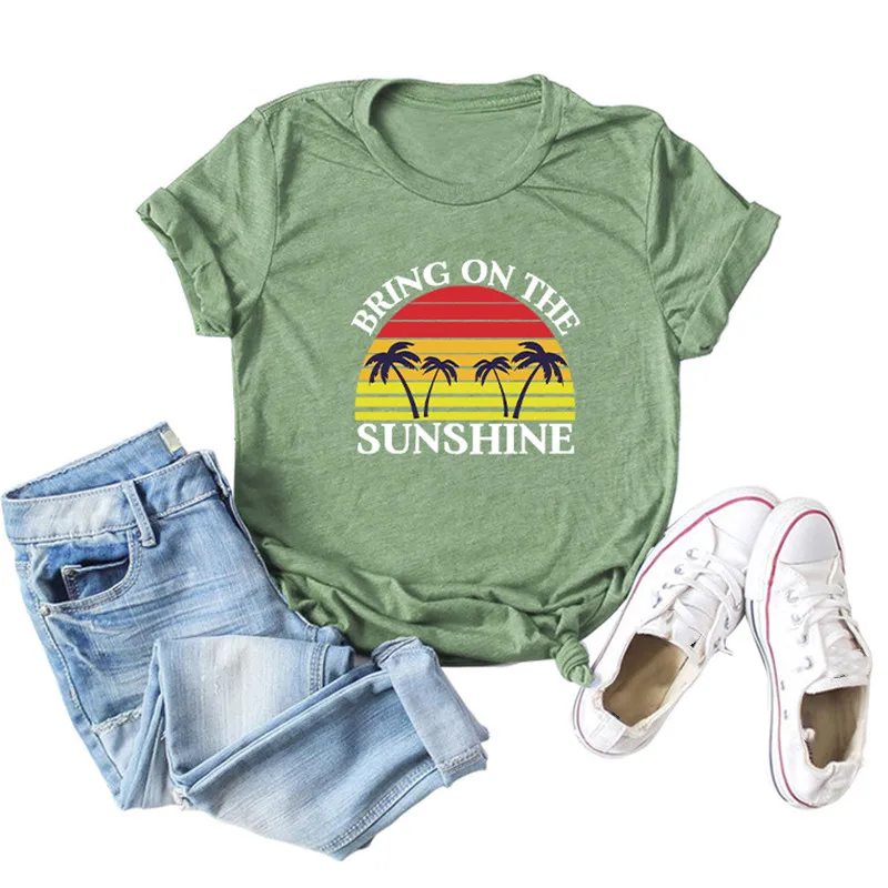 

Женская летняя повседневная футболка с надписью Bring On The Sunshine, хипстерский топ с вырезом лодочкой и цветочным принтом