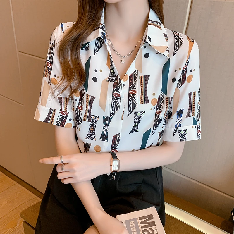 

Newest summer Womans Silk top short Sleeve Shirt ladies tops button up shirt Fashion Printed lapel Womens shirt womens tops