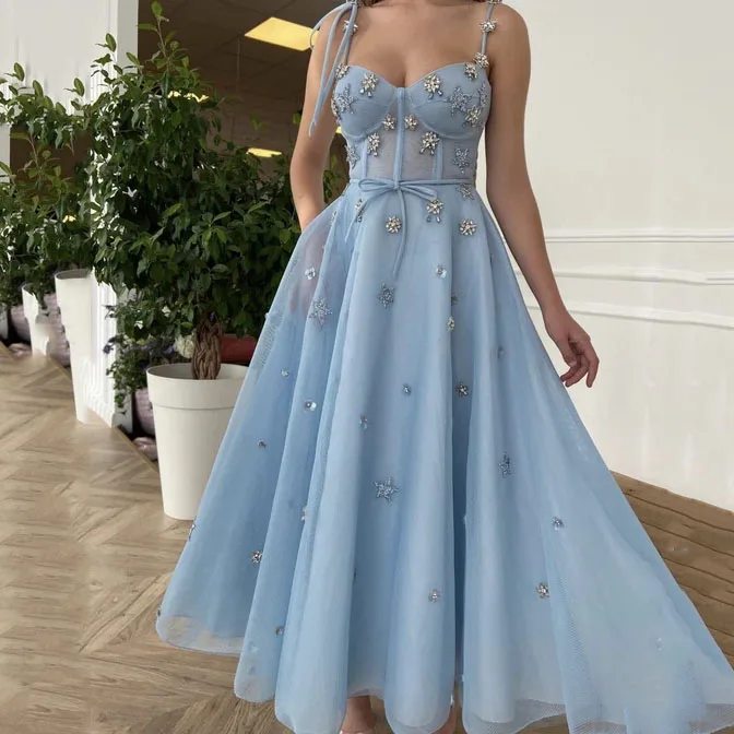 

Thinyfull Baby Blue Tea Length Starry Evening Dress Beaded Corset Bustier Top Prom Dress With Straps A Line Party Gowns