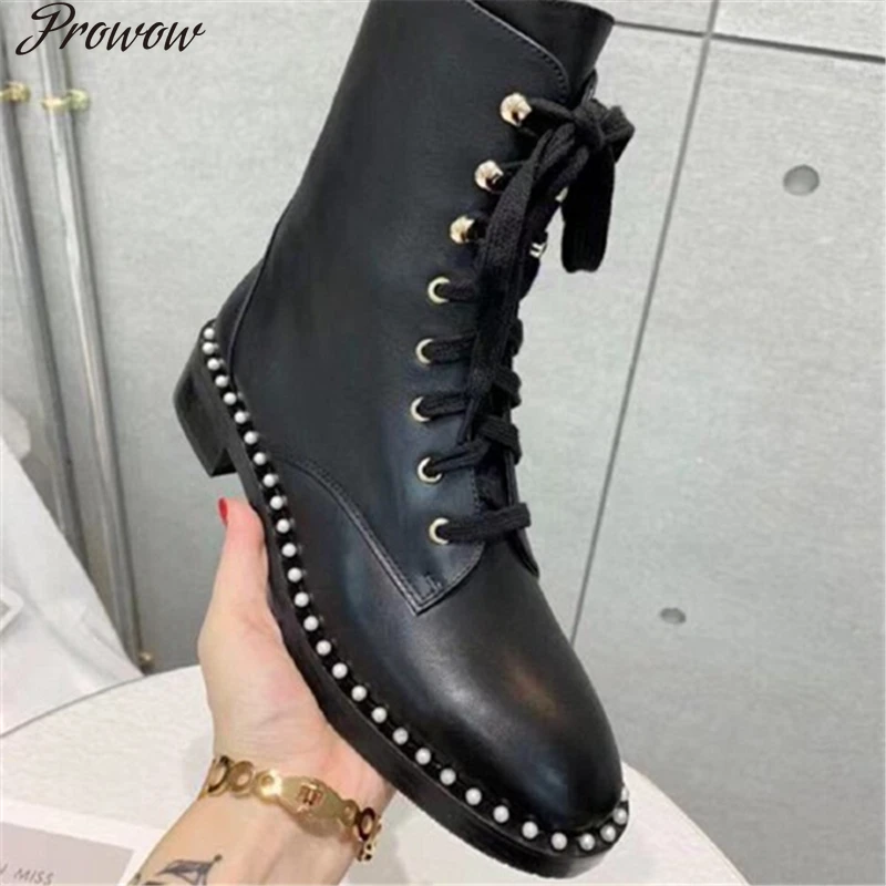 

Prowow Genuine Leather Lace-Up Martin Boots For Women Pearl Rivets Fashion Round Toe Autumn Low Heel Solid Color Autumn 2021