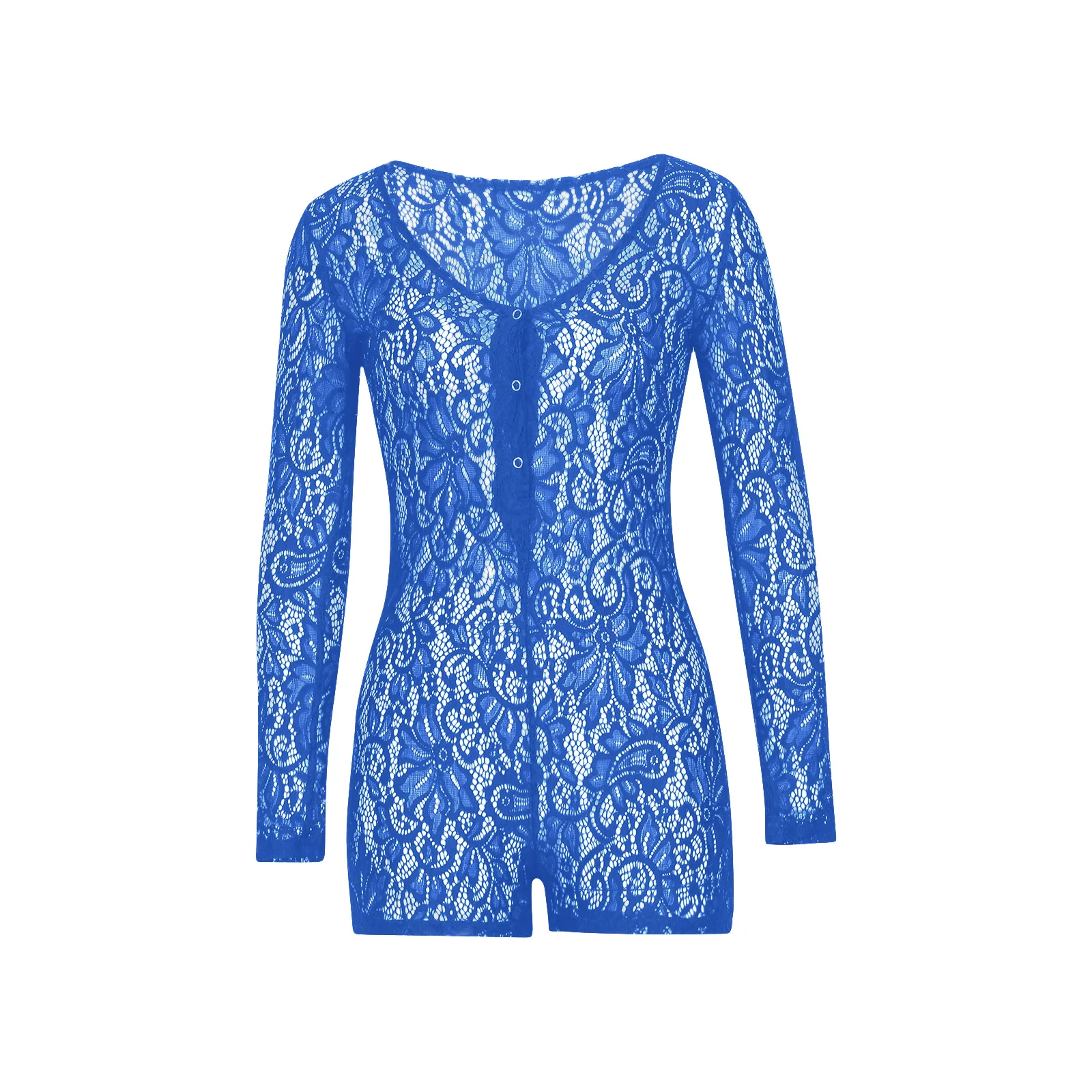 

Sexy Women Lace Sheer Long Sleeve Playsuits Hollow Out Floral Button V-Neck Romper Female Lace Short Jumpsuits Clubwear