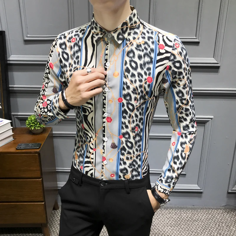 

Loldeal Leopard Printed Shirts Fancy Club Party Mens Shirts Casual Slim Fit Long Sleeve Elegant