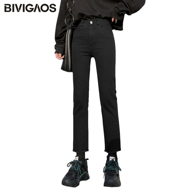

BIVIGAOS 2020 Spring New Women Jeans Lady Large Size Hem Burrs Straight Pants Korean Black Casual Pencil Pants Cropped Pants