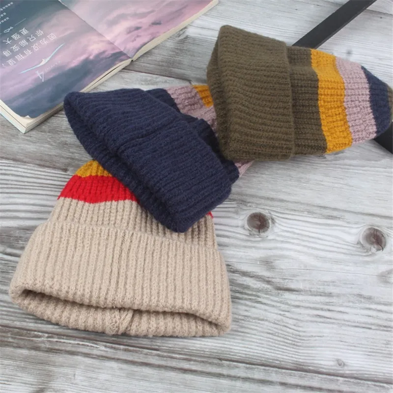 Цветная полосатая плотная вязаная шапка LDSLYJR зимняя теплая шапочки Шапка бини