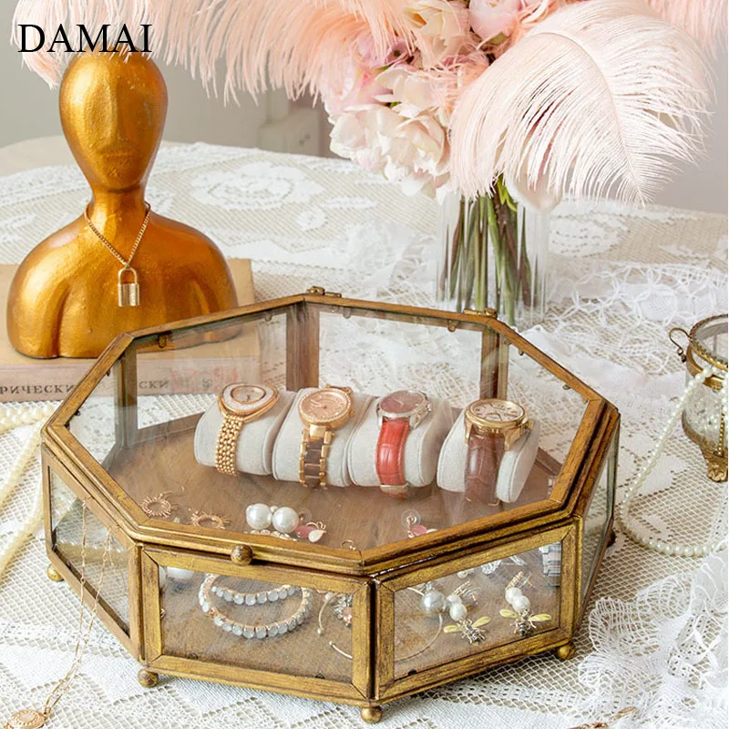 

European Vintage Glass Trays Decorative Gilded Jewelry Necklace Storage Box Cosmetic Perfume Organizer Dressing Table Decoration