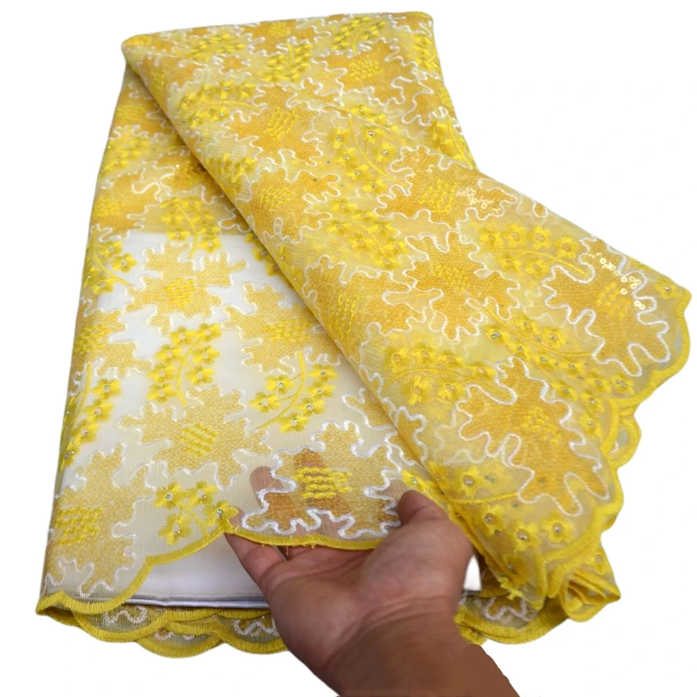 

Желтая африканская кружевная ткань из органзы 2021, Высококачественный кружевной материал, нигерийская французская кружевная ткань с блестками для вечернего платья