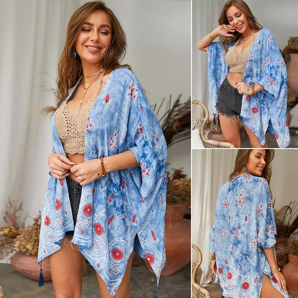 

Womens Tops Ladies Party Summer Half Sleeves Casual Fashion Batwing Floral Print Tassel Irregular Outwear Coat