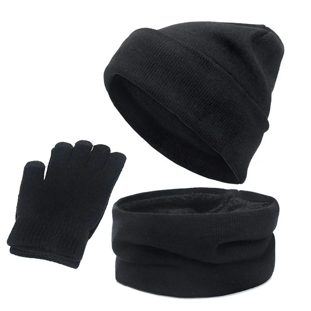 

3 Pieces/Set Men Winter Hats Scarves Gloves Set Fashion Knitted Plus Velvet Hat Scarf Set Kit Male Beanies Scarf Glove