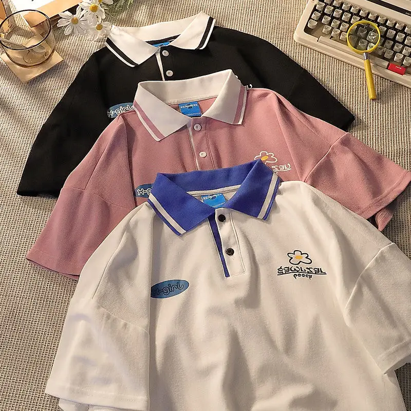 Женская хлопковая Футболка-поло с милым принтом летняя розовая свободная в стиле