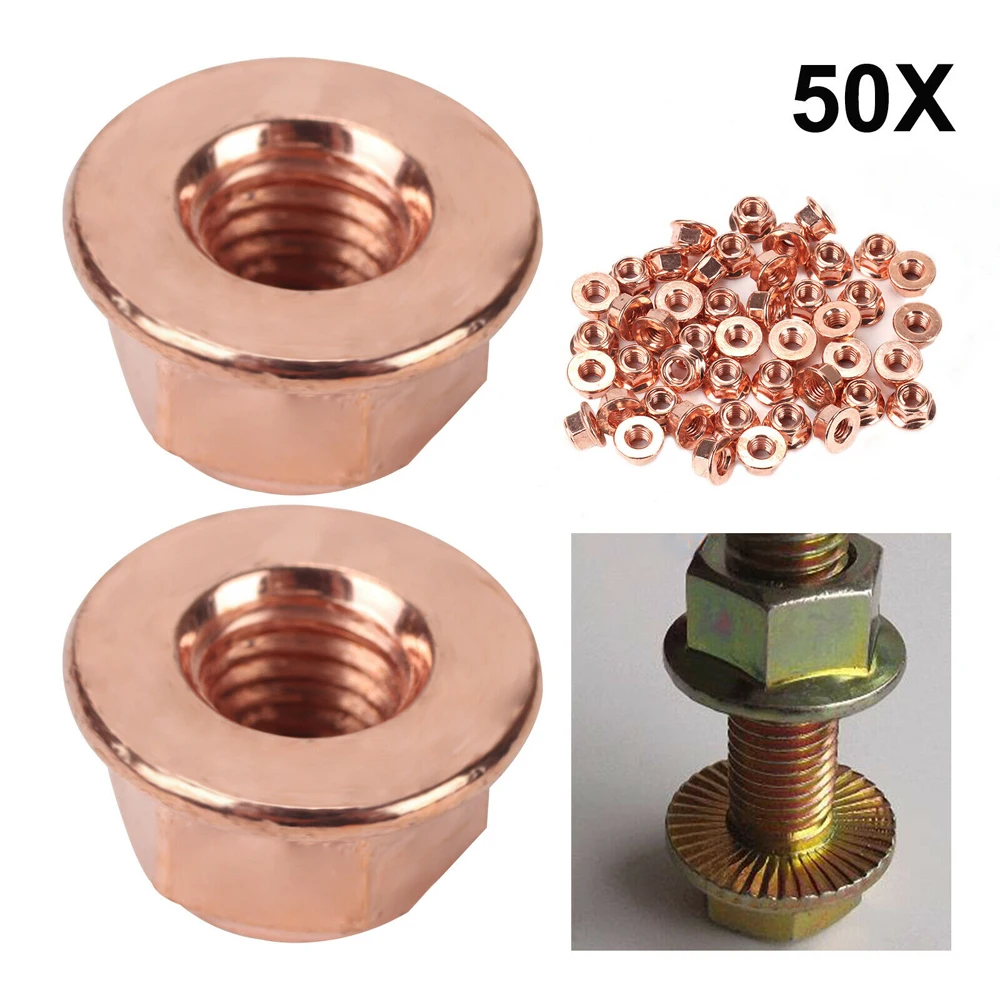 50pcs M8 Copper Exhaust Lock Nuts Turbocharger Manifold Anti-loose Screw Caps Set Pipe Head Hex Nuts Stud Flange Fasteners