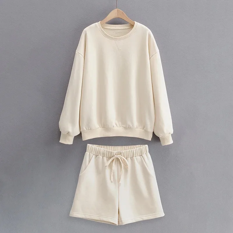 

2021 Spring Summer Chic Casual Solid 2 Pcs Women Tracksuit O Neck Long Sleeve Pullover Hoody + Bandage Elastic Waist Shorts