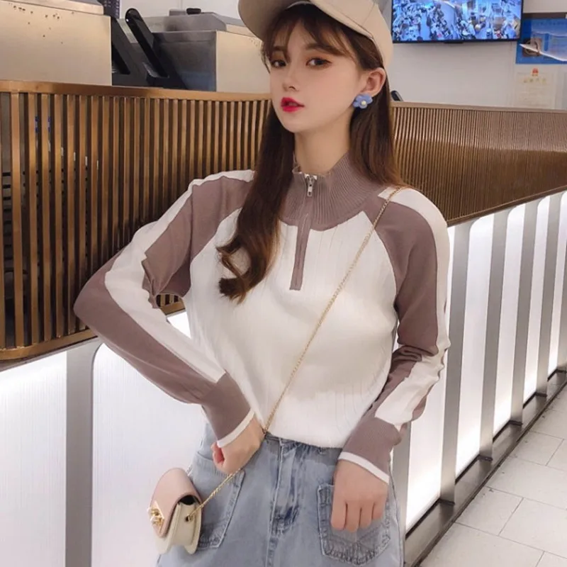 Женский свитер с высоким воротом Осенний вязаный пуловер на молнии тонкий мягкий