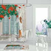 flower plant shower curtain house building green plant printing bathroom decoration waterproof cloth curtain set