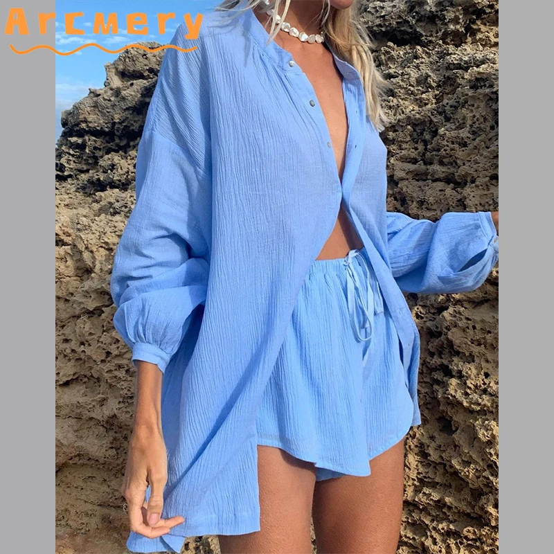 

2 Pieces Sets Women Long Sleeve Button Design Shirt & Shorts