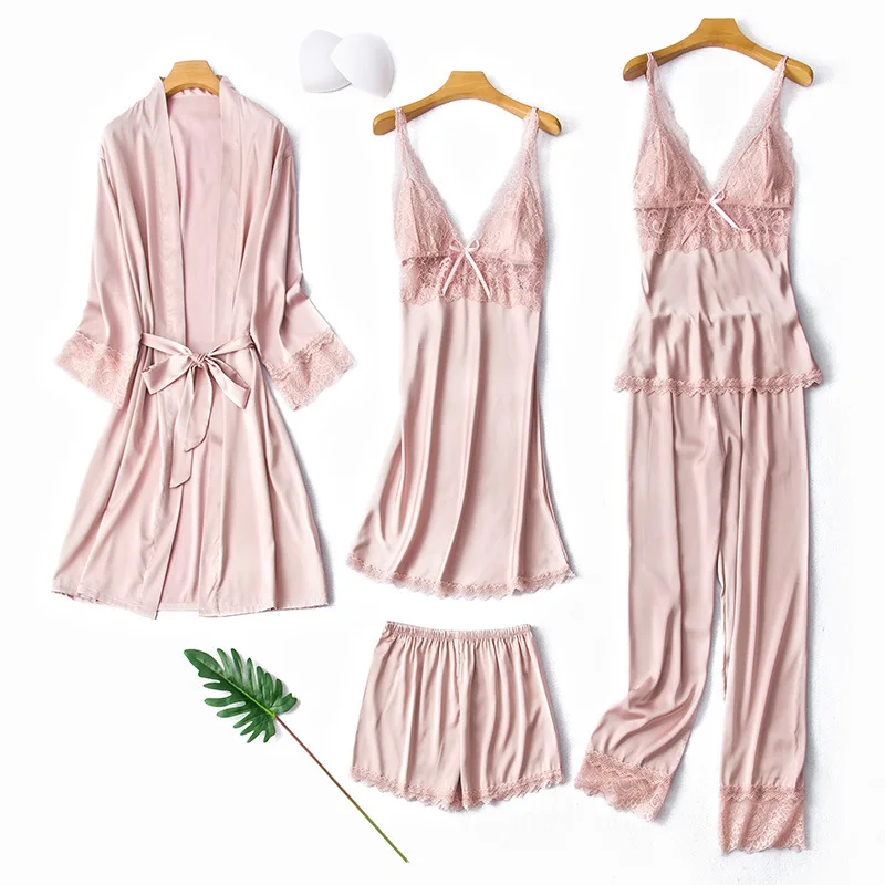 

New Spring Summer Kimono Bathrobe Gown Pink 5PCS Pajamas Set Sexy Women Sleepwear Loose Home Clothes Soft Satin Pijamas Suit