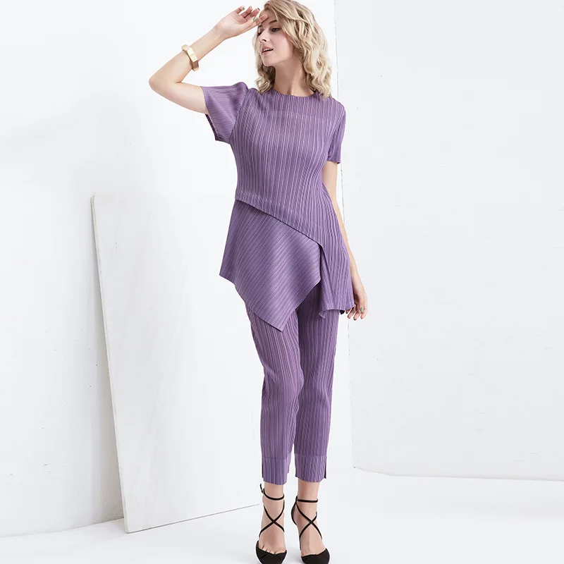 Pant Suits Women's Summer Elastic Miyake Pleated Two Piece Set Round Neck Short Sleeved Irregular Top + Split Straight Trousers