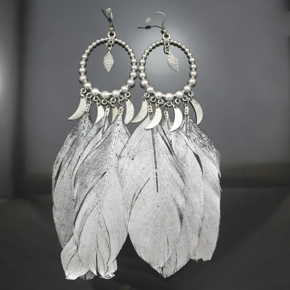 Vintage Indian Summer Large Dream Catcher Grey Feather Silver Plated Moon Hoop Dangle Coral Turkey Blue Stone | Украшения и