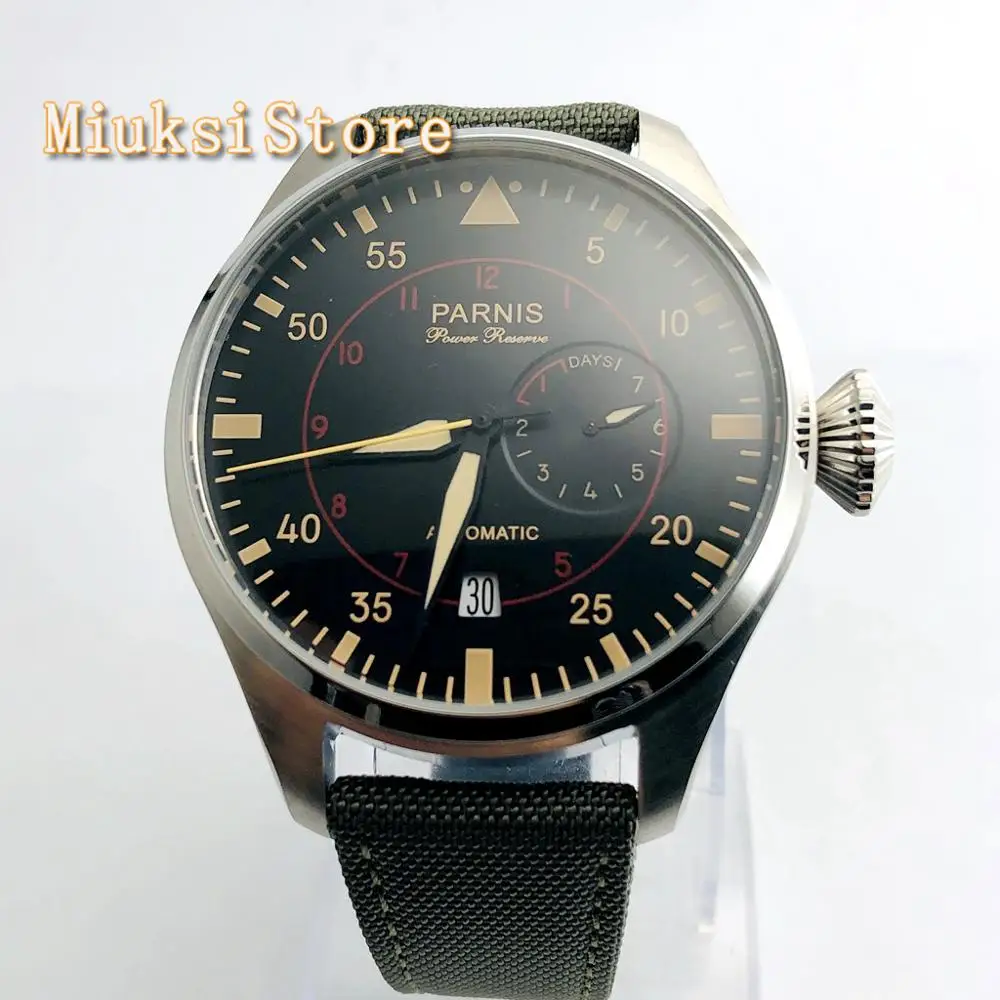 Parnis военные часы 47 мм запас мощности светящиеся стрелки автоматическое движение