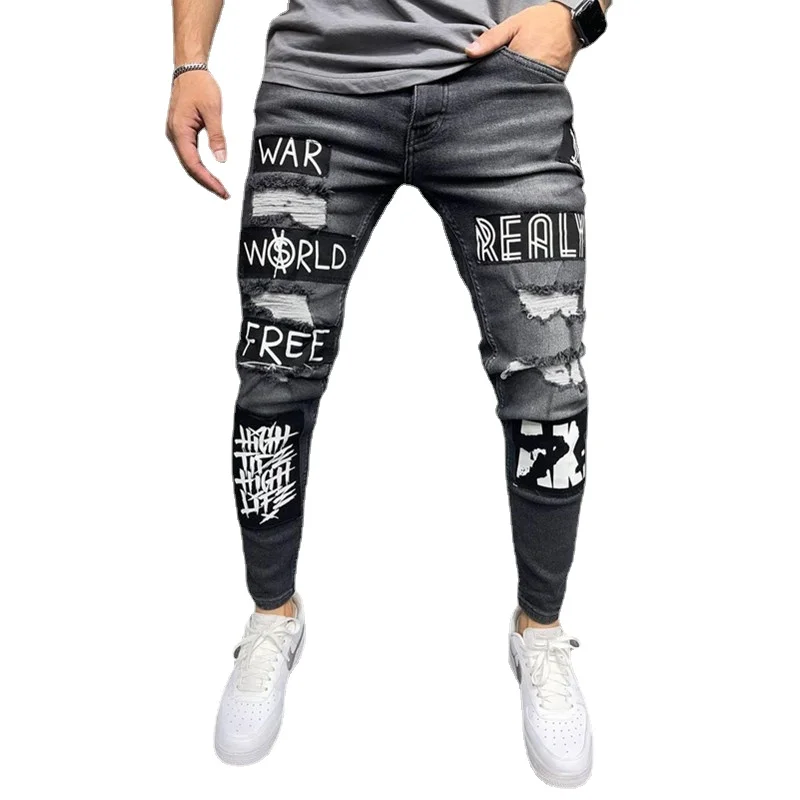 Men Jeans New Patch Embroidered Mens Jeans Slim Black Mens Pants Fashion Trend Casual Hole Denim Jeans for Men