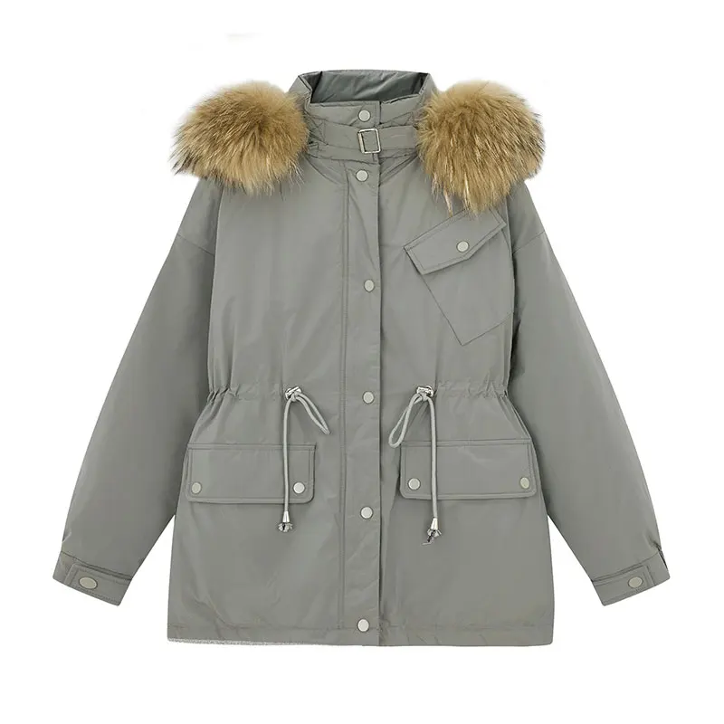 

Women New Fashion Short Parka With Fur Collar Winter Jacket Casual Waist Slimple Parka Coat