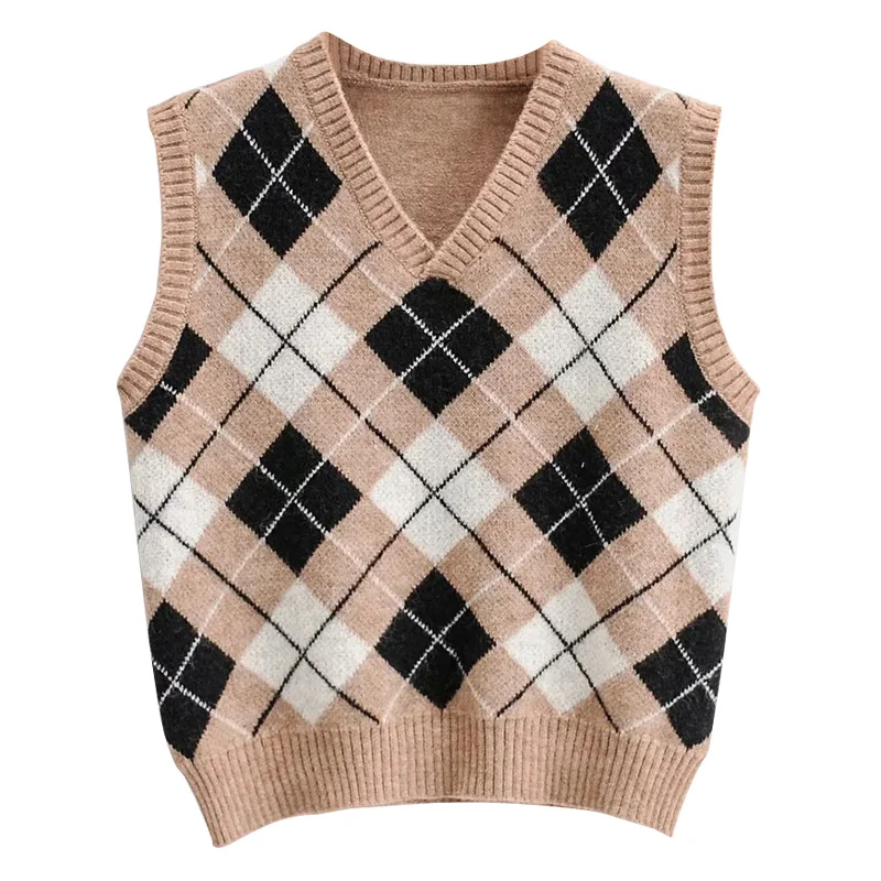 

WOMENGAGA Vintage Clothes V-neck Sleeveless Knitted Sweater Vest Fashion Diamond Lattice Comfortable Pullover Crop Top KHZP