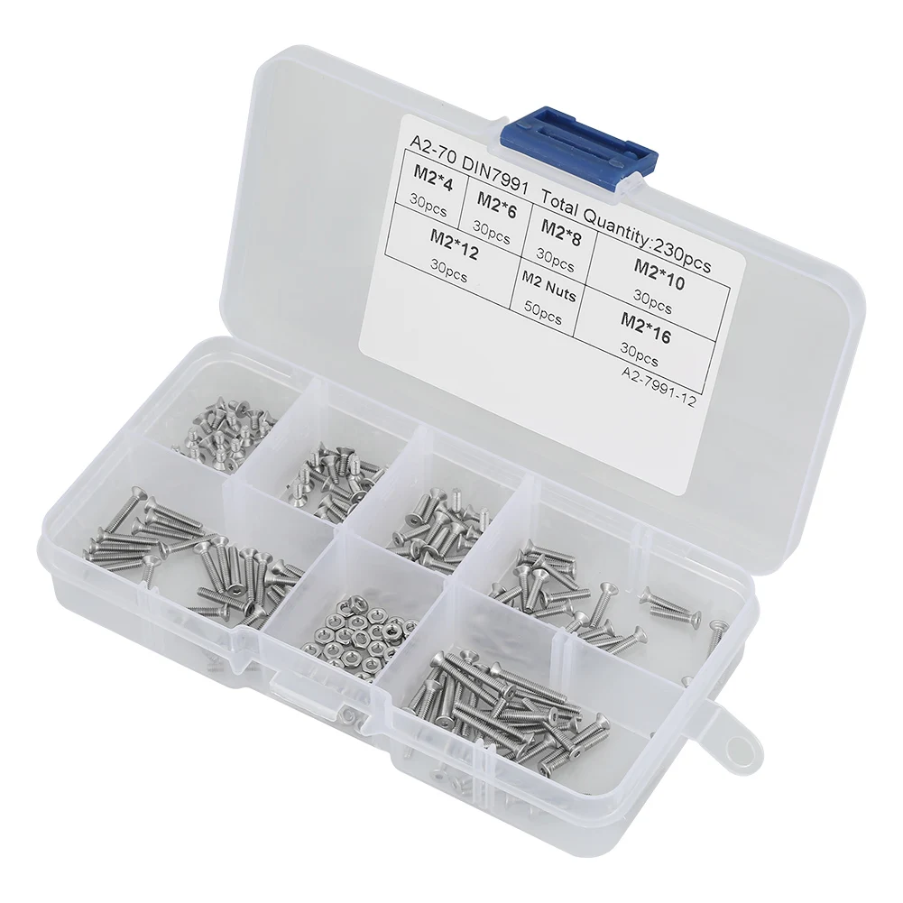 230pcs M2 304 Stainless Steel Flat Head Bolt Tapping Screws Nuts Assortment Kit Screw Bolts and Set with Box | Обустройство дома
