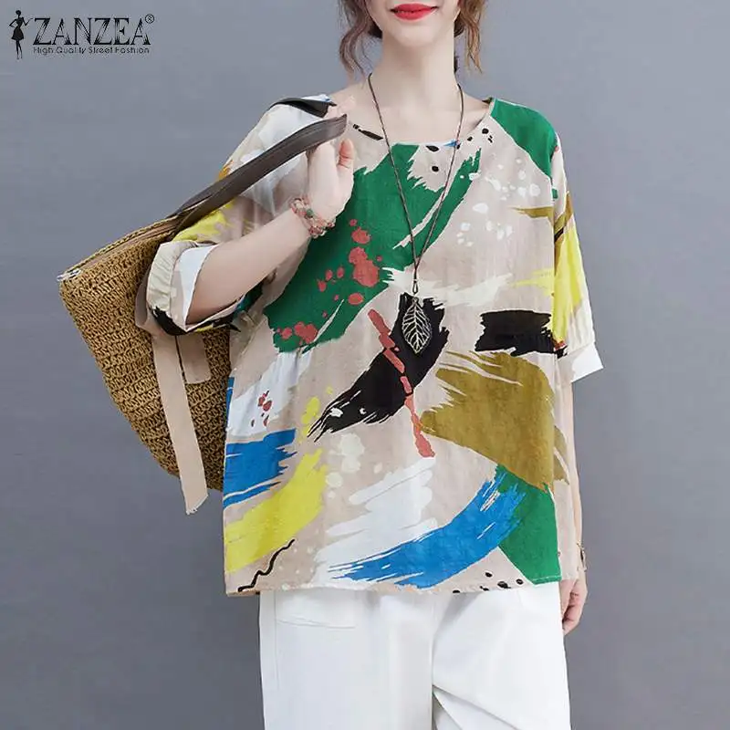 

ZANZEA, Винтажная летняя блузка с принтом, Повседневная Свободная рубашка, большие размеры, Femininas, Blusas Chemise, Женская туника с круглым вырезом и р...