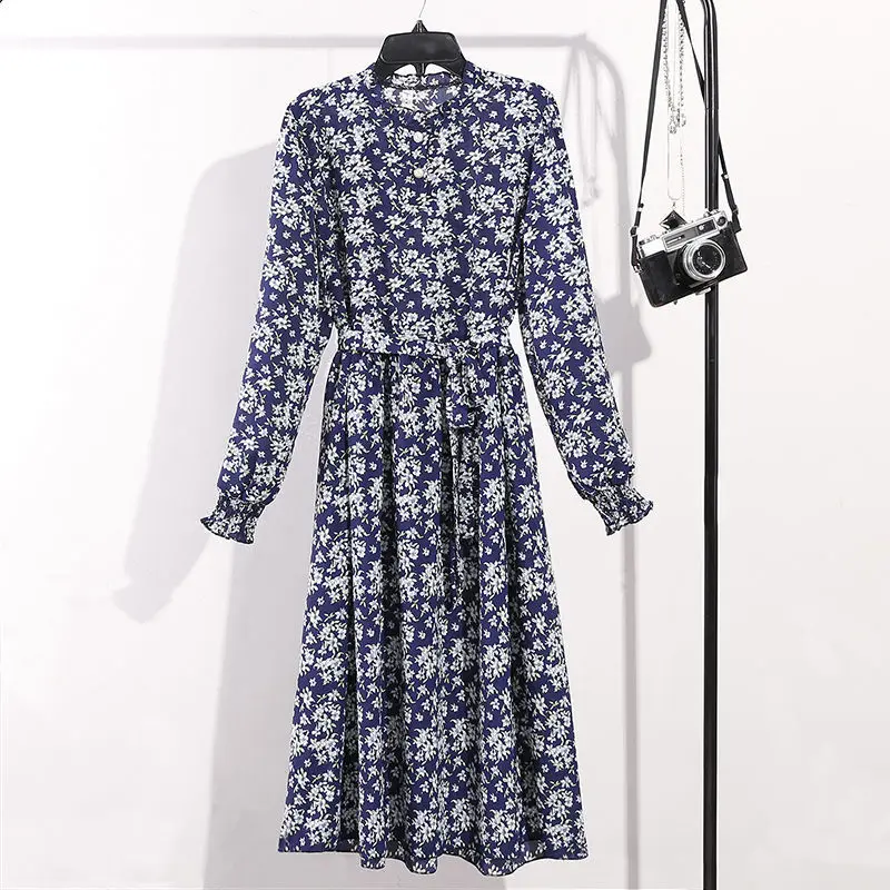 

Women's Spring Autumn Chiffon Dress Women's Ruffled Collar Lace Up Printed Long Sleeve Elegant Casual Dress SS3628